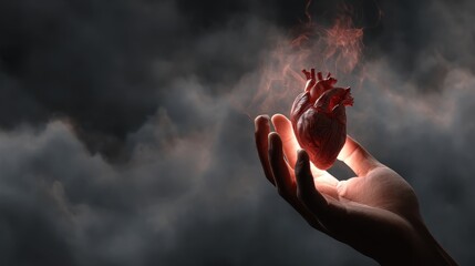 A soft, glowing human heart held gently in the hand of God, illuminated with divine light, amidst a dark, heavenly atmosphere. The scene evokes a sense of peace,
