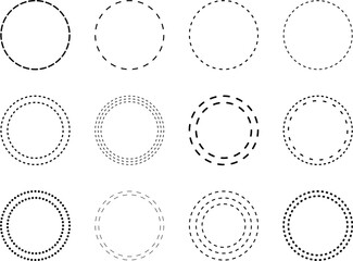Dotted line circle frame. Dashed outline design of border. Icon of cut frame. Dash line shapes