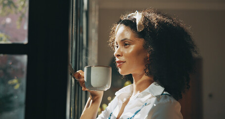 Coffee, reflection and woman by window with ideas, inspiration and daydreaming in home. Relax,...