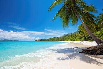 A beautiful tropical beach with turquoise waters, swaying palm trees, and soft white sands on a sunny day inviting visitors to relax and enjoy nature's tranquility