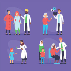 Group of healthcare professionals engaged with patients of various ages in vibrant setting. Doctors communicating with patients, emphasizing compassion and care in interactions