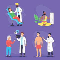 Healthcare professional consulting various patients in colorful clinic. Activities including examining elderly woman and discussing health matters with young man