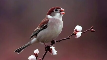 Fototapeta premium Sparrow singing on branch with blossoms