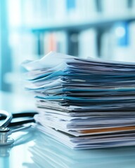 A stack of documents on a desk, medical files