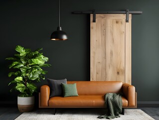 Refined and cozy farmhouse inspired living space featuring a striking pendant light plush leather chesterfield sofa reclaimed wood accents