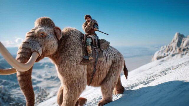 Mammoth Rider in a Snowy Landscape: A lone figure fearlessly rides atop a colossal mammoth across a snow-covered terrain. A visual narrative of adventure and resilience in a frozen world.
