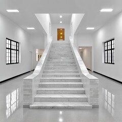 Fototapeta premium Bright Interior View of Symmetrical White Marble Staircase with Black Framed Windows