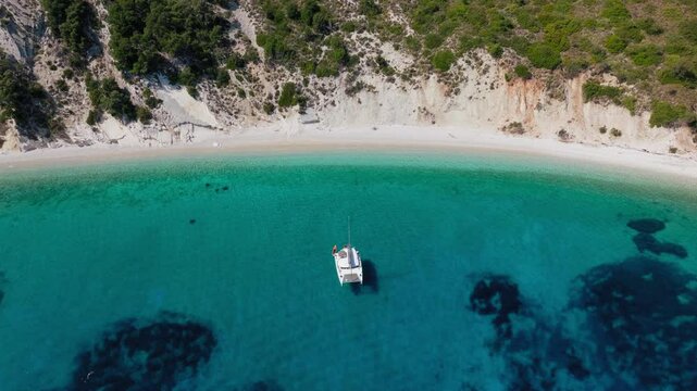 Panoramic view of a Catamaran moored to Filiatro Beach, Ithaca Island, Greece