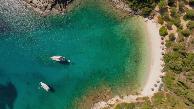 Top down drone shot of Sarakiniko beach in Ithaca Island, Greece