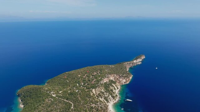 Panoramic drone shot of Hulla Beach on Ithaca Island, Greece