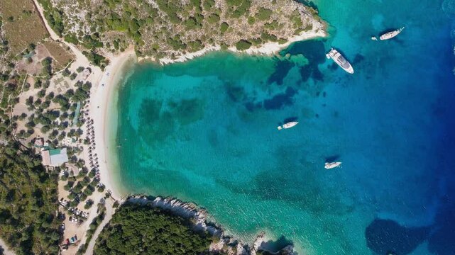 Top down drone shot of Filiatro beach, Ithaca Island, Greece