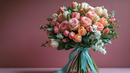 Elegant bouquet of pastel-colored roses and tulips