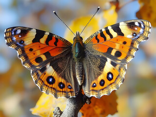 Colorful butterfly perched on a twig wings spread showing orange black and blue markings