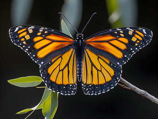 Naklejka premium Bright orange black butterfly rests on a twig with green leaves against a dark background