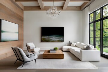 Refined yet cozy farmhouse living room with a crystal chandelier casting a warm glow over distressed wood paneling and beams antique armchairs and a plush sectional sofa