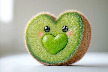 A heart-shaped kiwi slice with cute cartoon eyes and a smaller heart in the center.