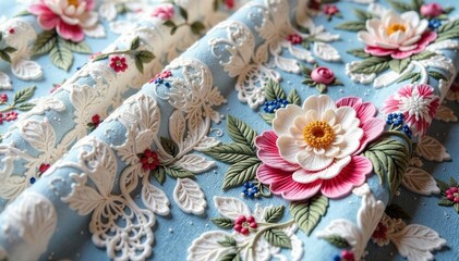 Delicate floral lace fabric, intricate detailing, delicate, beauty, knitting