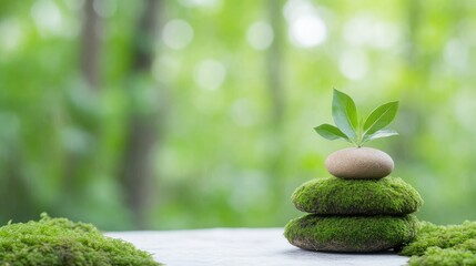 Obraz premium A small green plant sprouting from stacked moss-covered stones on a wooden surface, serene forest background with soft focus, and tranquil nature concept.