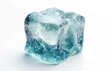 A single, translucent teal ice cube with an irregular, rough texture, isolated on a white background.