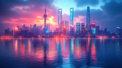 Fototapeta premium Shanghai cityscape at vibrant sunrise reflected in water