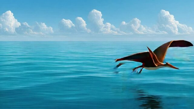 Soaring Pterosaur: A majestic pterosaur soars gracefully over the vast ocean, its silhouette against the backdrop of a vibrant blue sky dotted with fluffy clouds. A scene of ancient wonder.