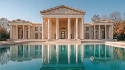 Fototapeta premium Grand mansion reflecting pool, classical architecture, tranquil landscape