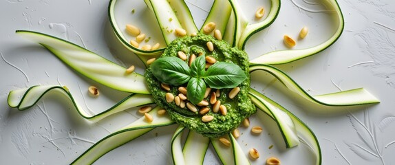 Culinary Art Featuring Zucchini Ribbons and a Splash of Pesto Sauce