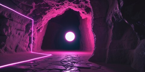 Enigmatic stone cavern illuminated by neon outlines and glowing orb display