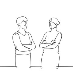 couple man and woman standing next to each other with arms crossed - one line art vector. concept of war of the sexes, couple quarrel, gender rivalry