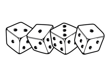 Black and white drawn dice, PNG. Craps. Gambling minimalist logo. Concept Lucky chance, good luck in the game. Dice in a random roll. Four cubes in a row