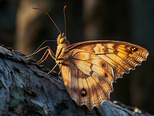 Butterfly resting on bark displaying its beautiful wings with intricate patterns and textures