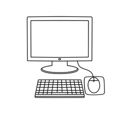 A computer monitor sits on a desk with a keyboard and mouse