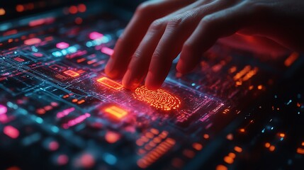 Person's Hand Interacting with Glowing Futuristic Interface Displaying Digital Fingerprint, Representing Biometric Authentication and Modern Technology Integration.