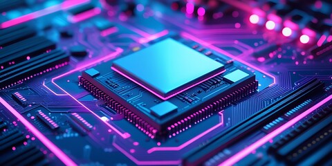 Fototapeta premium High-detail macro of a central processor unit with vibrant pink and blue lights, representing electronic engineering, computing power, and circuit board design