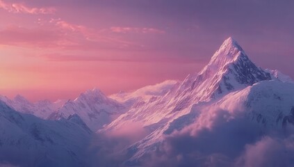 Majestic snow-capped mountain peaks at vibrant sunset. Clouds drift around the towering summits