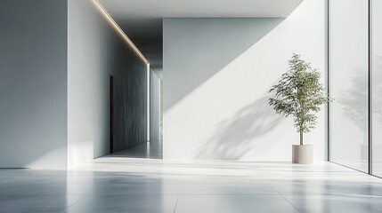 Modern Minimalistic Room with Dark Walls, Light-Colored Floor, and Natural Light Through Floor-to-Ceiling Windows – Featuring Sleek Interior Design with Potted Green Plants