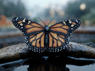 Obraz premium Butterfly with orange and black wings perched on a wet branch water droplets on wings and branch