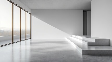 Obraz premium Modern Minimalistic Room with Dark Walls, Light-Colored Floor, and Natural Light Through Floor-to-Ceiling Windows – Featuring Sleek Interior Design with Potted Green Plants