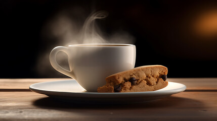 A cup of coffee paired with a Biscotti on a plate