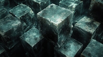 Dark, weathered cubes stacked, abstract background, potential 3D texture
