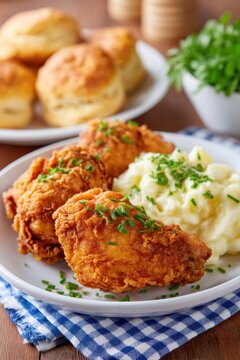 Crispy fried chicken served with creamy mashed potatoes and fluffy biscuits on a rustic wooden table delicious comfort food meal healthy eating concept