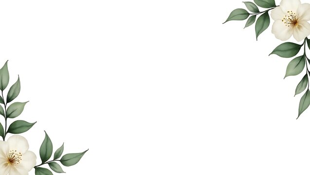 Elegant white flowers green leaves frame perfect for invitations cards or website design Soft subtle