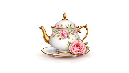 Elegant rose teapot perfect for afternoon tea sits on a saucer with delicate pink roses gold accents