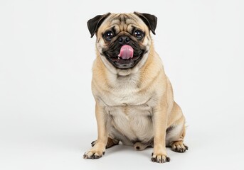 A pug sits on a white background with its tongue sticking out and looking directly at the camera lens