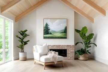 Serene and Inviting Farmhouse Style Living Space with High Ceilings Large Windows Plush Armchair Brick Fireplace and Pastoral Landscape Painting in Distressed Frame