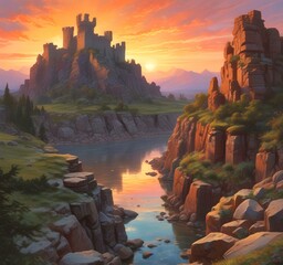 Illustration of landscape with old castle ruins.