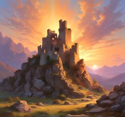 Obraz premium Illustration of landscape with old castle ruins.