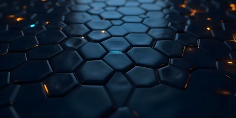 Obraz premium A pattern of black hexagons with blue and yellow lights on a dark background, some hexagons are glowing