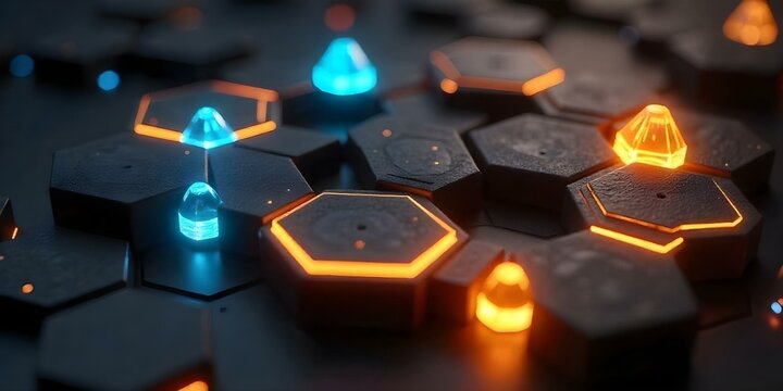 A pattern of black hexagons with blue and yellow lights on a dark background, some hexagons are glowing