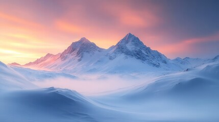Majestic snowy mountains at sunrise, misty valley, serene landscape